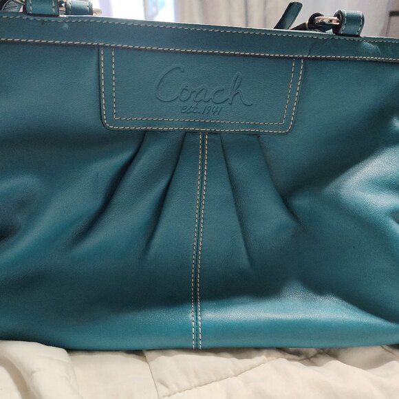 Coach Azure Teal Leather Pleated Gallery Tote F12759 - Picture 1 of 5